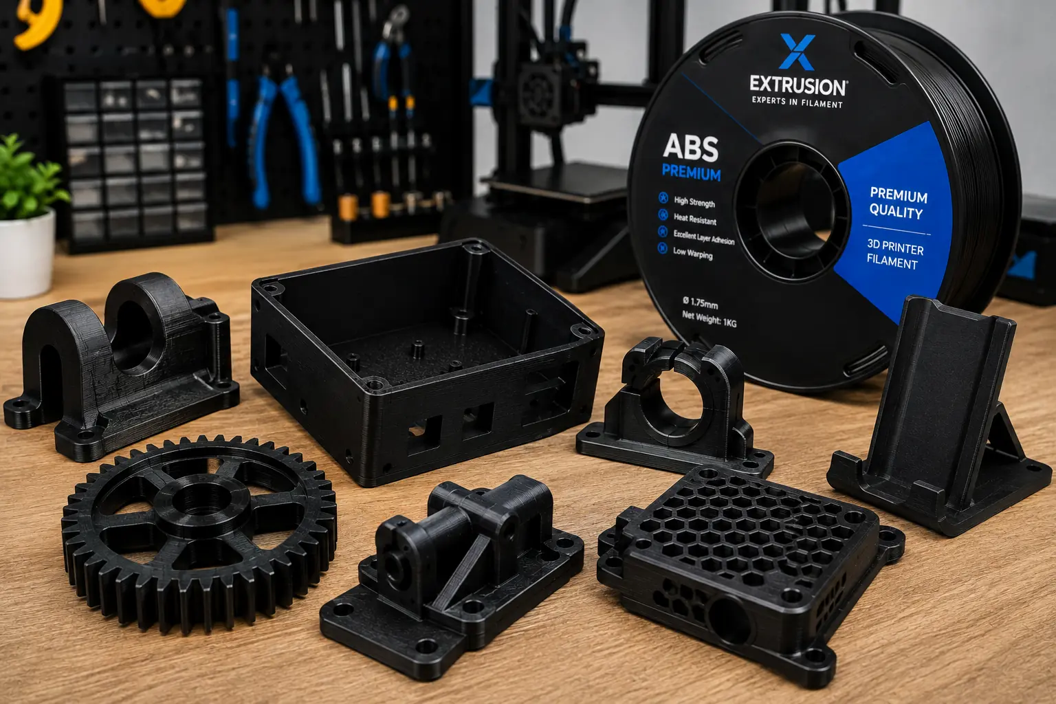 فیلامنت ABS Premium ایکستروژن 76 قطعات صنعتی چاپشده با فیلامنت ABS Premium ایکستروژن شامل چرخدنده، براکت، محفظه الکترونیکی و قطعات مهندسی