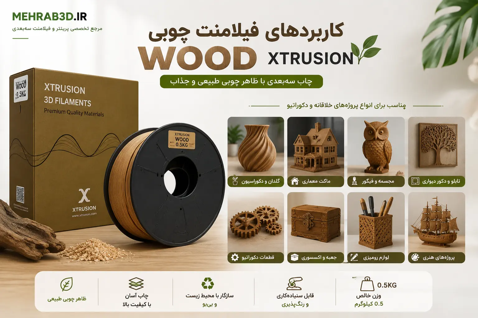 کاربردهای فیلامنت WOOD XTRUSION در چاپ سه‌بعدی