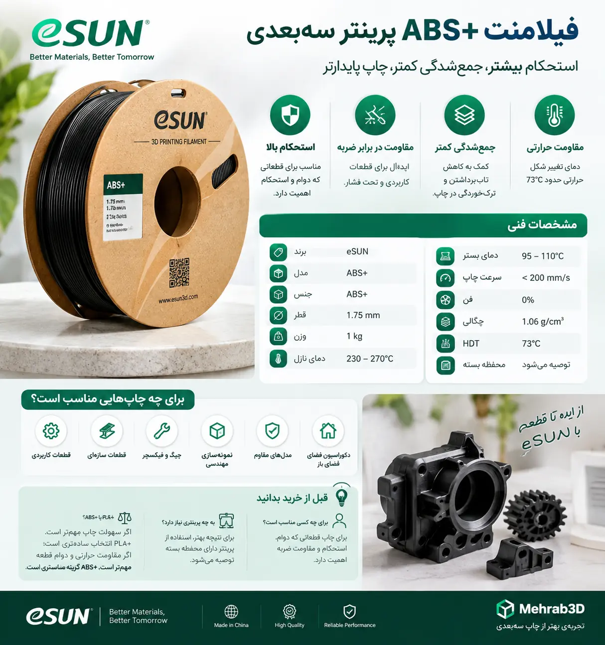 مشخصات فنی فیلامنت ABS+ eSUN